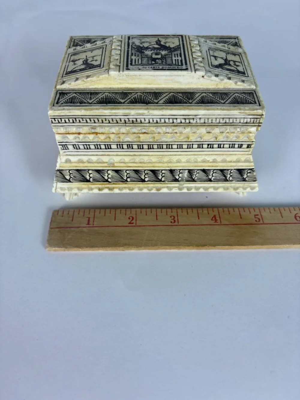 Vintage Faux Ivory Trinket Box Santo Domingo Keepsake Box Resin Jewelry Box Foot